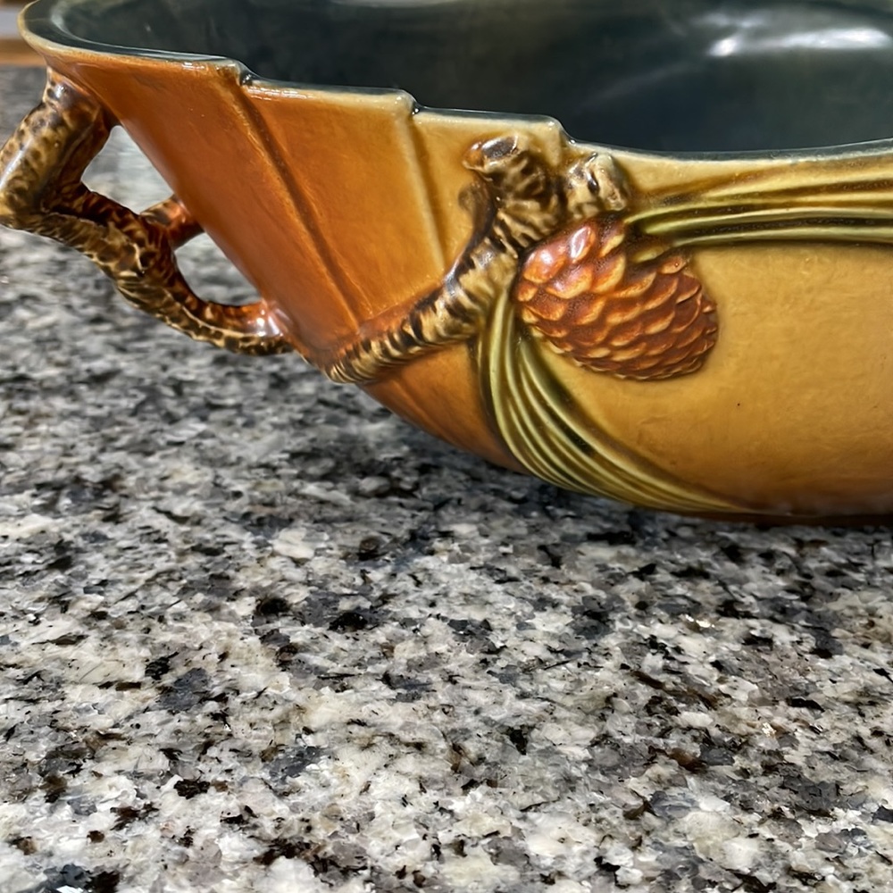 Vintage Roseville Pottery Brown Pine Cone Console Bowl (323-15) - Picture 2 of 16
